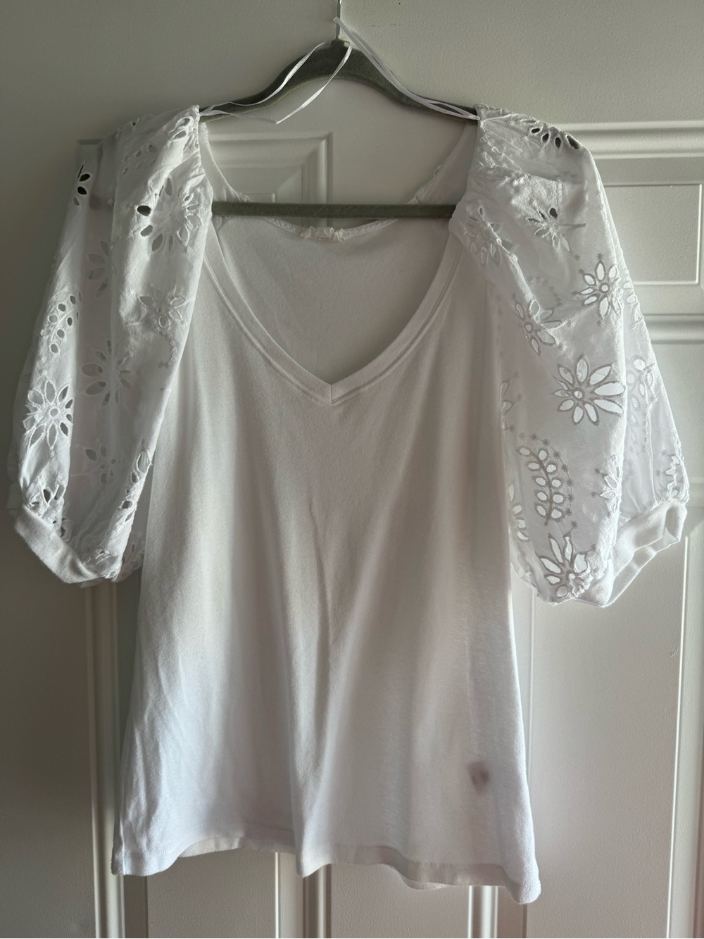 White V-Neck Eyelet Puff Sleeve Tee